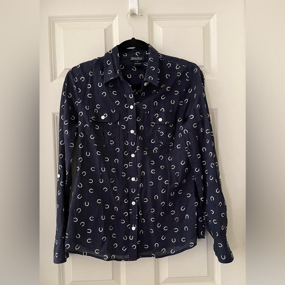 Women’s Lucky Brand cotton navy blue w/ white horse shoe pattern button shirt S